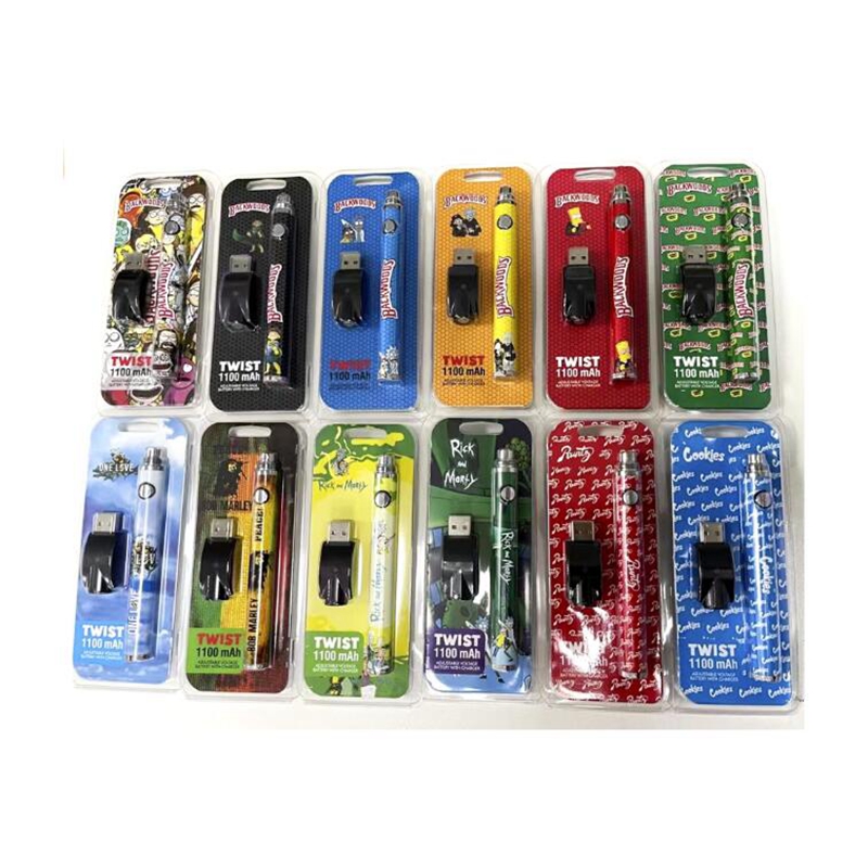 

Cartoon Printing Backwoods Twist Battery Charging Kit 510 Thread Cookies Runtz 1100mAh VV Variable Voltage Adjustable Vape Pen Blister Package with USB Charger