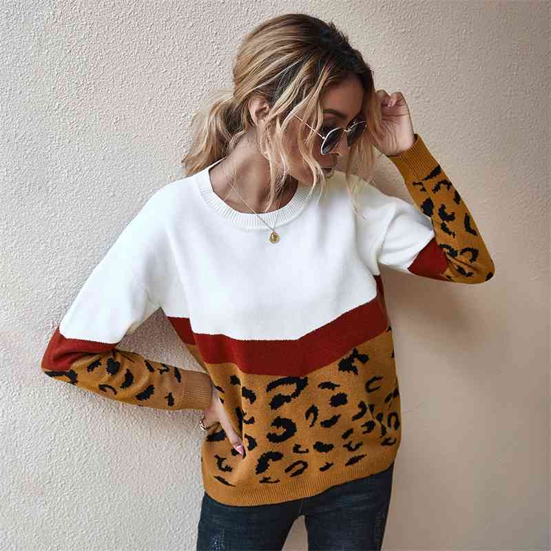 

Self developed women's 2021 coat autumn winter trend leopard sweater top, Black