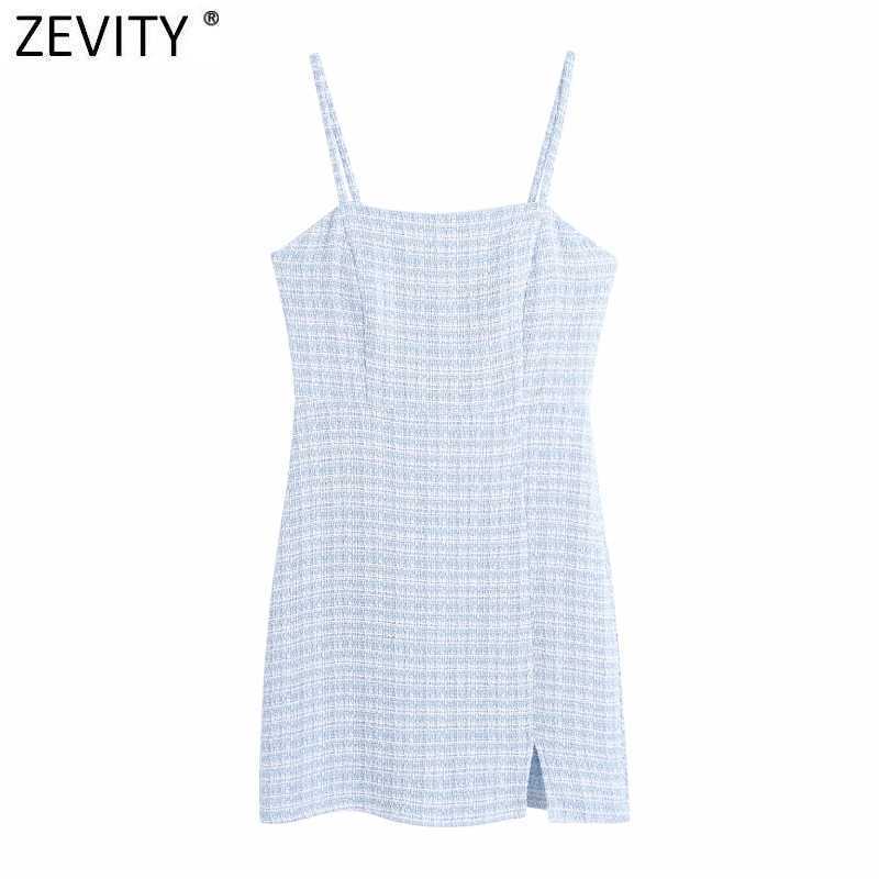 

Zevity Women Vintage Plaid Print Tweed Sling Mini Dress Female Spaghetti Strap Back Zipper Vestidos Chic Summer Dresses DS8329 210603, As pic ds8329bb