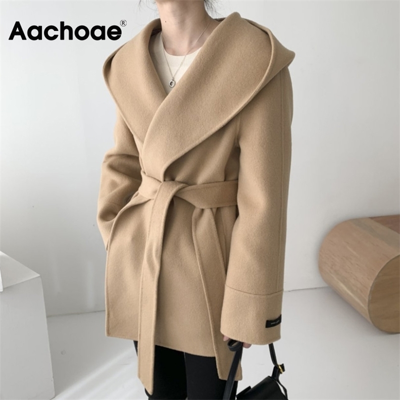

Aachoae Women Solid Color Wool Coats With Belt Long Sleeve Hoodie Pockets Coats Female Chic Elegant Outerwear 211019, Camel