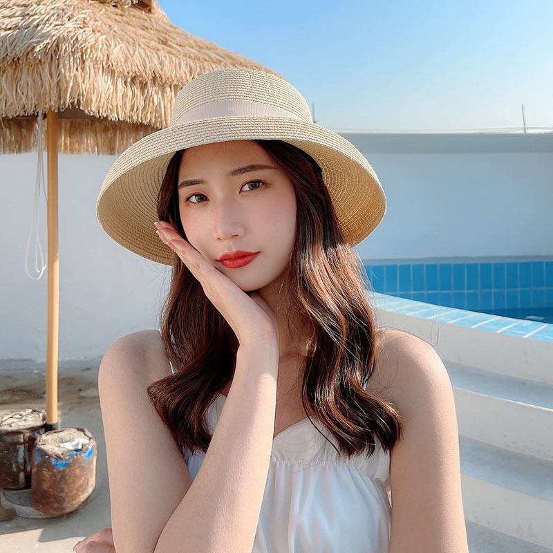 

Net red Korean version ins fisherman's summer foldable Bow Holiday straw female sunscreen and sunshade hat, Pink