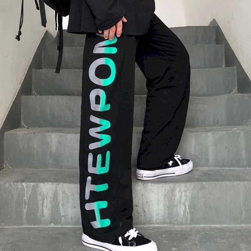 

Printed loose casual pants straight wide-leg women's autumn Korean retro dark letters wild trous 210526, Black