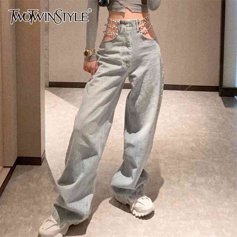

Casual Hollow Out Full Length Jeans Female High Waist Patchwork Chain Denim Wide Leg Pant Women Fashion Clothes 210521, Blue