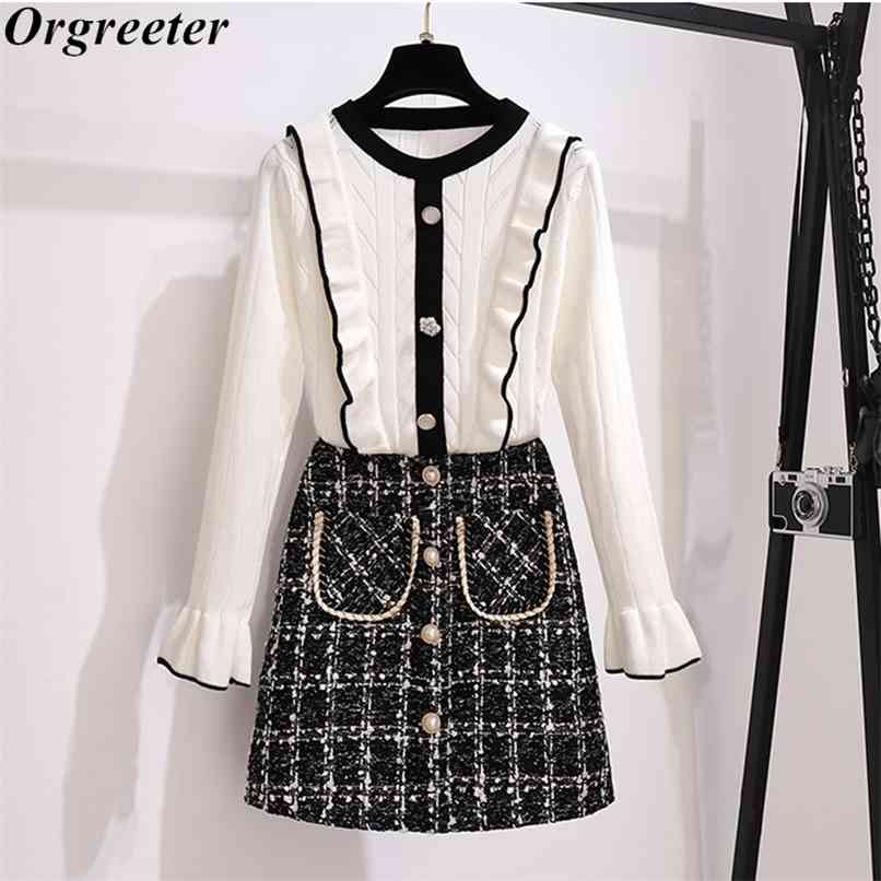 

Sweater 2 piece Set Women Autumn Single-breasted Ruffles Trim Long Flare sleeve Knitted Tops and Plaid Tweed Skirt Suits 210602, Only skirt