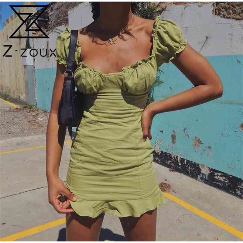 

Women Dress Square Collar Puff Sleeve Ruffles Green Dresses Vintage Sexy Cotton Summer Clothes Fashion 210524