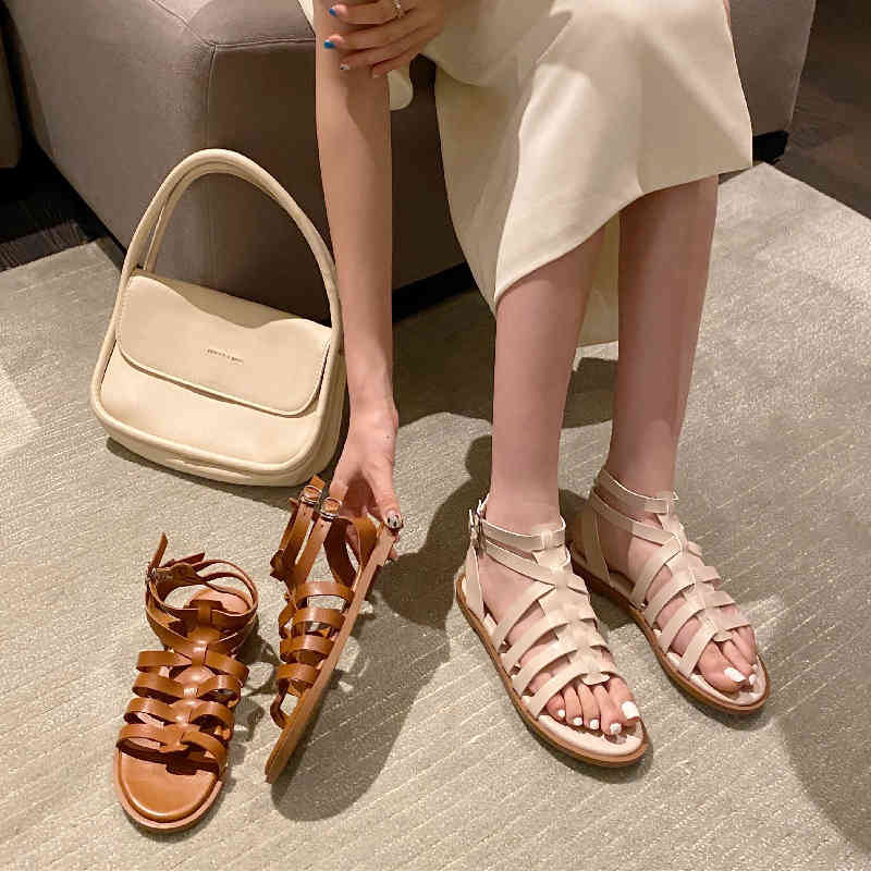 

Sandals Female sandals gladiator flatfoot shoes ankle bracelet genuine pomegranate quality shoe for woman 2QJT, 1# shoe box