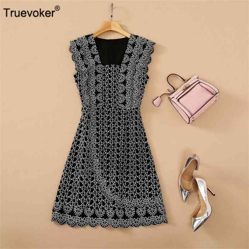 

Truevoker High Street Designer Party Dres Sleeveless Square Collar Embroidery Cutout Cottagecor 210602, Yellow