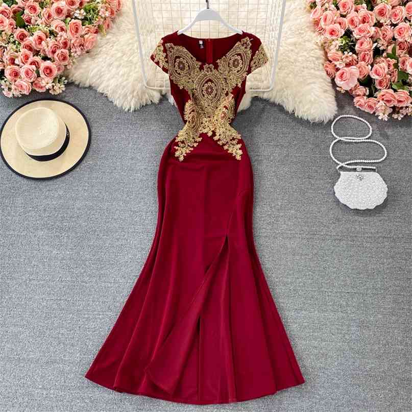 

Sexy Evening Party Maxi Dress Women Elegant V-neck Short Sleeve Embroidered Slim Fit Split Mermaid Gown Fashion Clothing 210603, Orange-red