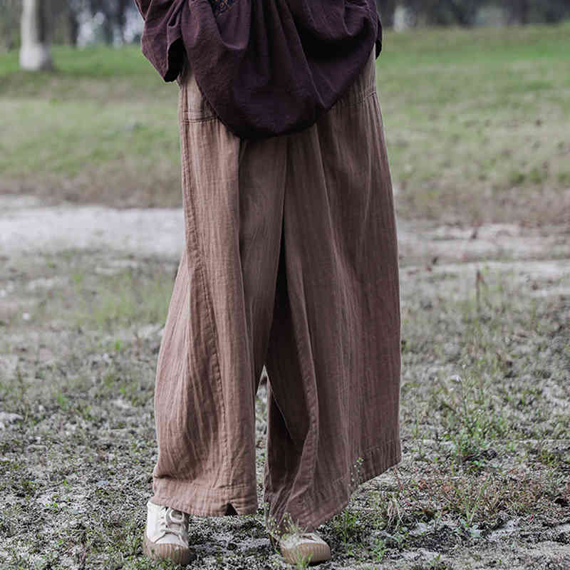 

Johnature Women Vintage Wide Leg Pants Elastic Waist Solid Color Trouser Spring Cotton Soft Women Casual Long Pants 210521, Dark khaki