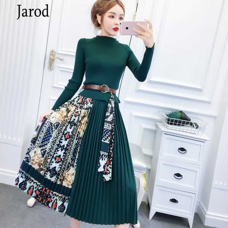 

Autumn Winter Fashion Women Long Sleeve Retro Printing O Neck chic Dress Elegant Knitted Patchwork Pleated Midi 210526, Photo color