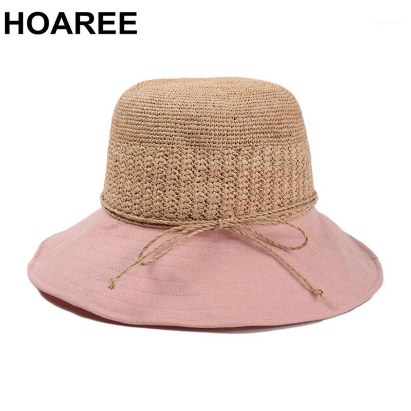 

Raffia Linen Womens Sun Hat Pink Patchwork Summer Visor Vintage Designer Brand Bucket Ladies Straw Wide Brim Hats, Blue;gray