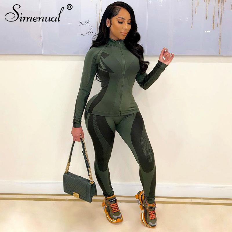 

Women' Two Piece Pants Simenual Athleisure Sportswear Top And Matching Sets Zip Up Long Sleeve Bodycon Patchwork Pattern Set Casual, Green