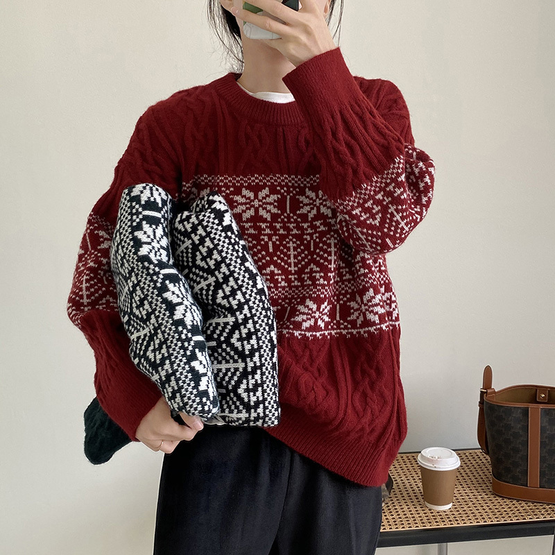 

Fashion Red Christmas Series Retro Thick Pullover Sweater Women Winter Oversized Snow Flower O Neck Knit Top Female 210520, Black