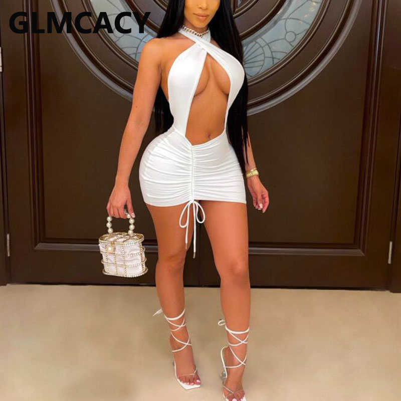 

Women Sleeveless Sexy & Club Halter Backless Pleated Mini Dress 210702, Black