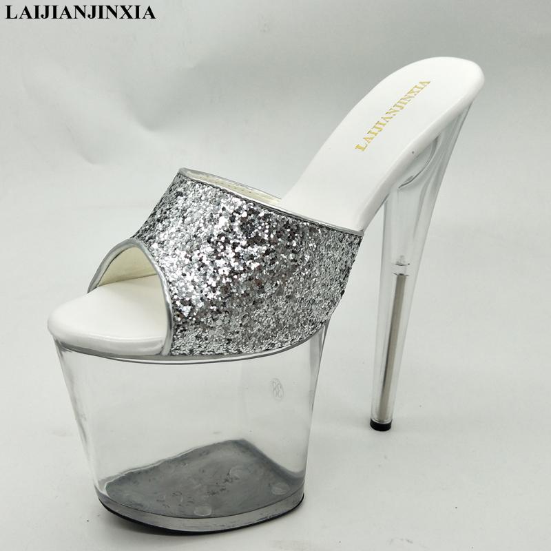 

Slippers LAIJIANJINXIA 2021 Transparent Heels Shiny Slipper Summer Designer Women Shoes Fashion Platform 17cm High, Black