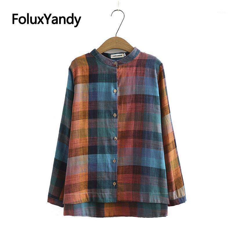 

Plaid Shirt Women's Plus Size Casual O-neck Long Sleeve Blouse KKFY4799 Blouses & Shirts, Blue