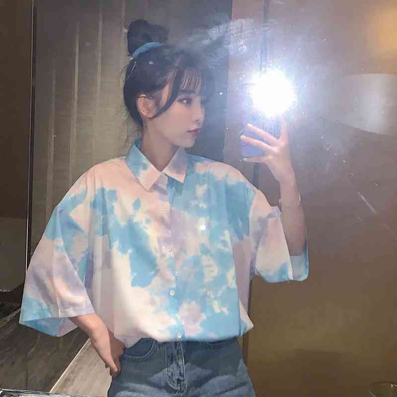 

Summer Street Style Tie dye Women Blouse Shirt Oversize Button Up Ladies Shirts Turn-Down Collar Plus Size Female Clothing 210521, Sku
