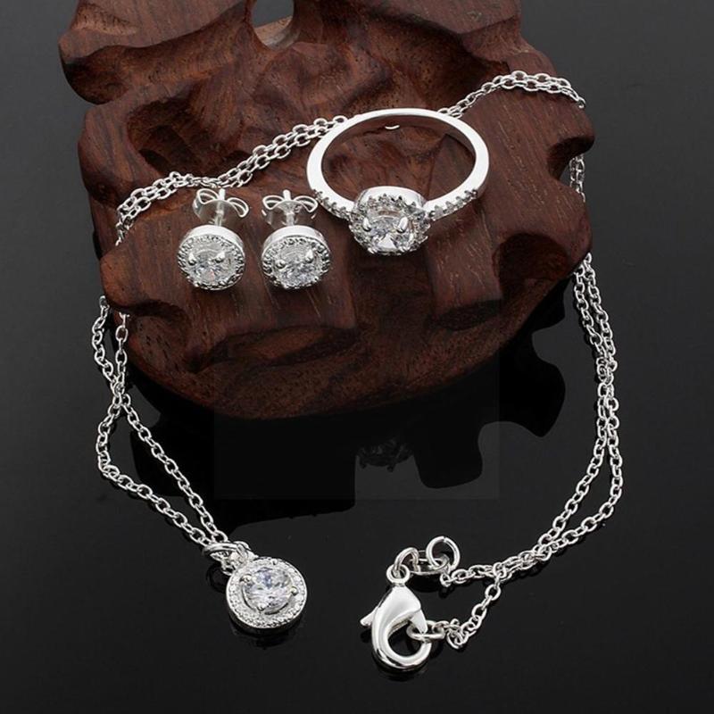 

Earrings & Necklace Silver Cute Christmas Gift Noble Fashion Elegant Women Jewelry Set CZ Ring Crystal Shiny Earring O9F1