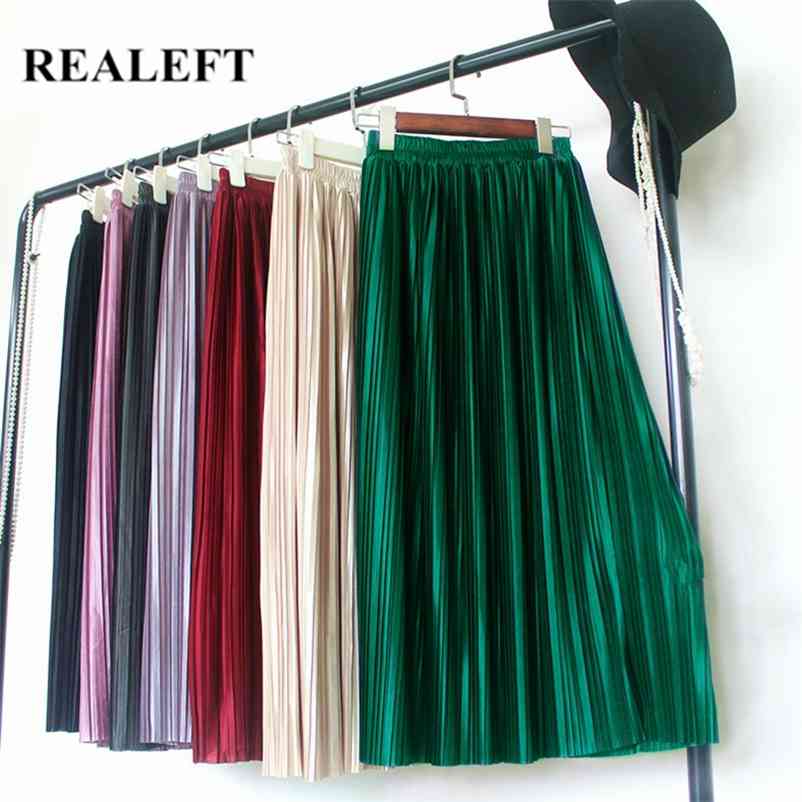 REALEFT Elegant Solid Pleated Women Mi-Long Skirts New Spring Summer Street High Waist Harajuku Umbrella Maxi Skirts Womens 210412Z