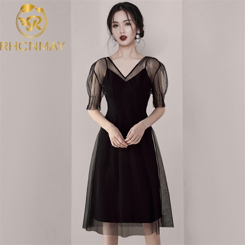 

Fashion Summer V-neck Mesh Party Dress Women es Puff Sleeve Female Casual Slim Midi 210520, Black