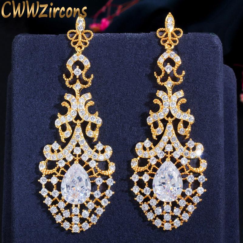 

Dangle & Chandelier CWWZircons 72mm Royal Vintage Women Wedding Party Dress Jewelry Long Big 585 Dubai Gold Earrings For Brides Accessories, Silver