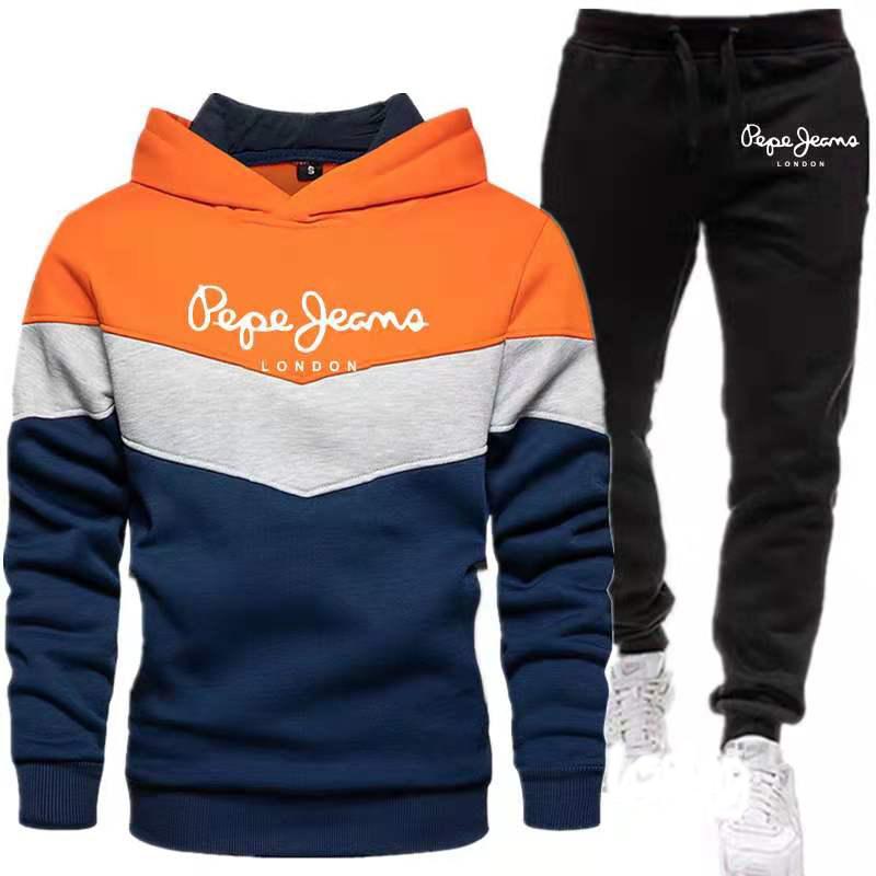 

Jogging Clothing Men's Casual Sportswear Suit Fleece Warm Long-Sleeved 2-Piece Set Autumn Fashion Stitching Hoodie + Pants Oversized, Black;red