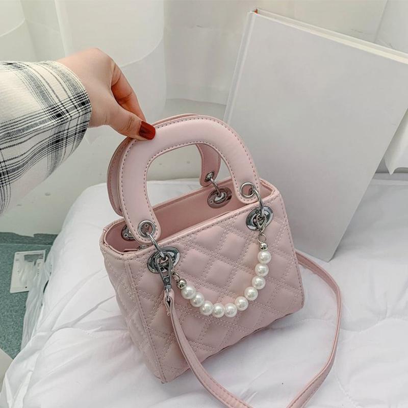 

Women Fairy Pearl Handbag Korean Shoulder Messenger Bags Mini Fashion Diamond Lattice Square Cellpphone Bag Summer Sweet Style, White