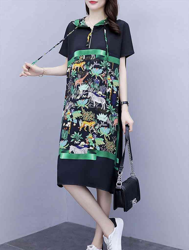 

plus size summer hoody women dress short sleeve animal print hoodied, Black;gray