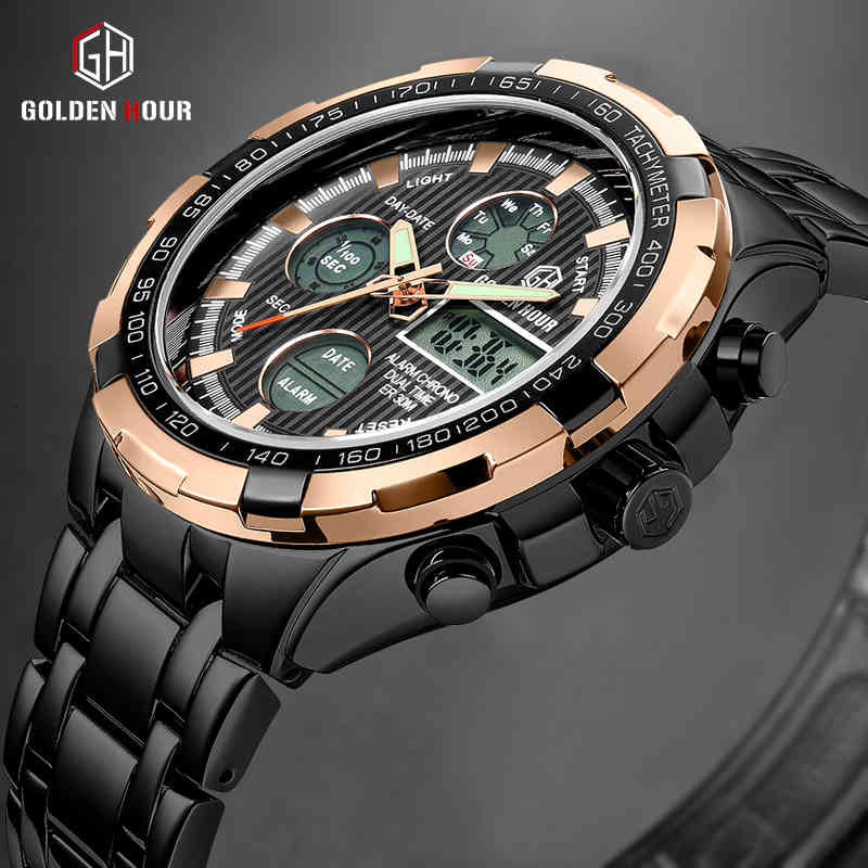 

GOLDENHOUR Mens Luxury Business Quartz Watch Men Fashion Dual Display Stainless Steel Wristwatches Waterproof Sport Male Clock 210517, Silver gold white