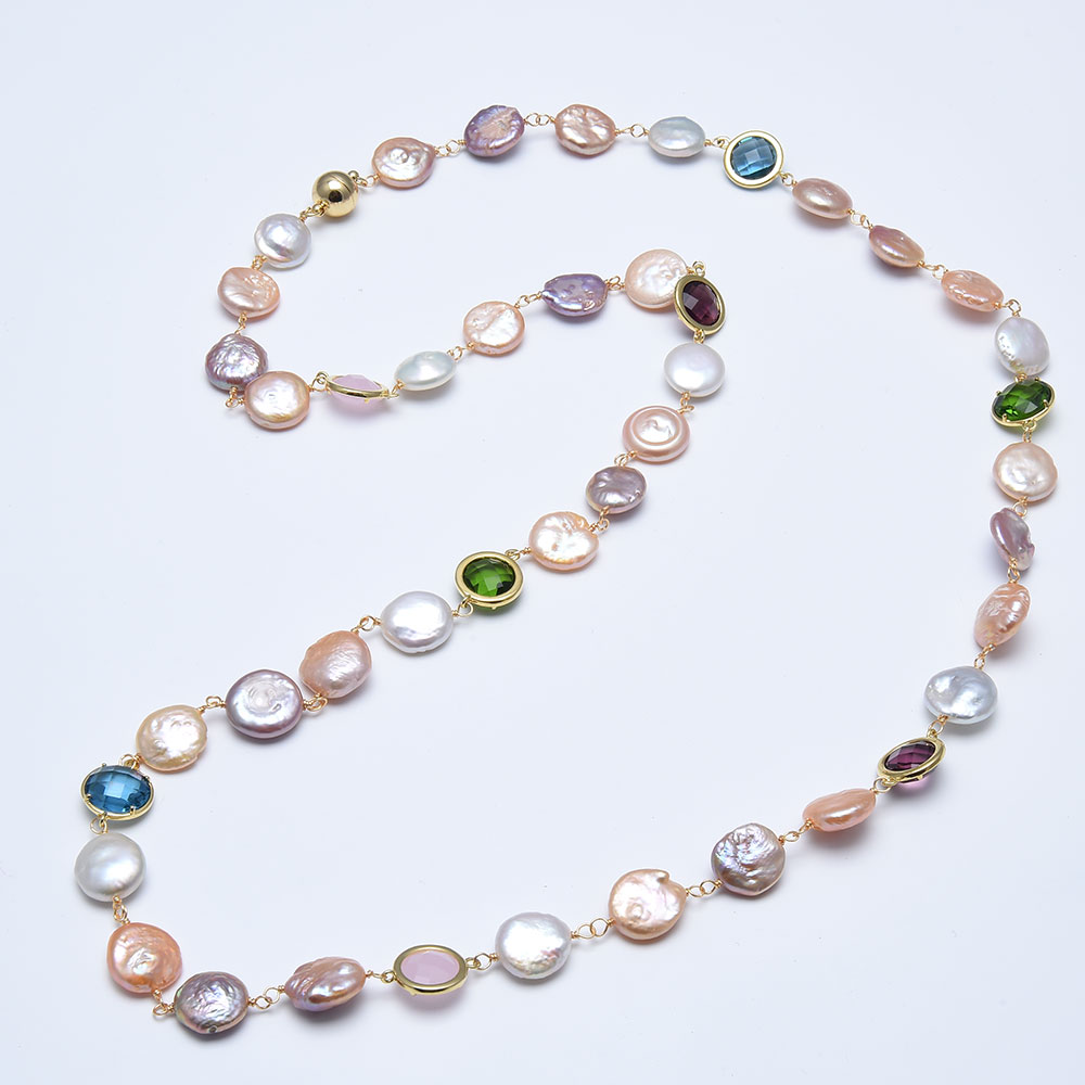 

GuaiGuai Jewelry Natural White Purple Pink Keshi Coin Pearl Colorful Crystal Glass Sweater chain Long Necklace Handmade For Women