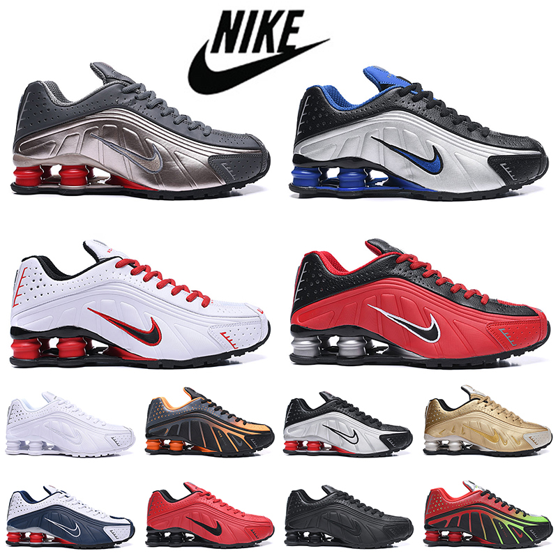 

Wholesale Top Quality NIK Shox R4 tl Women Mens Running Shoes Triple White Black Metallic Silver Gold Blue Sports Trainers Sneakers Big Size EUR 46