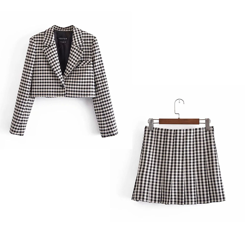 

BBWM Female Retro Chic College Style Suit Lattice Long-Sleeved Jacket + Western Style A-Line Skirt Two-Piece Sets Women 210520