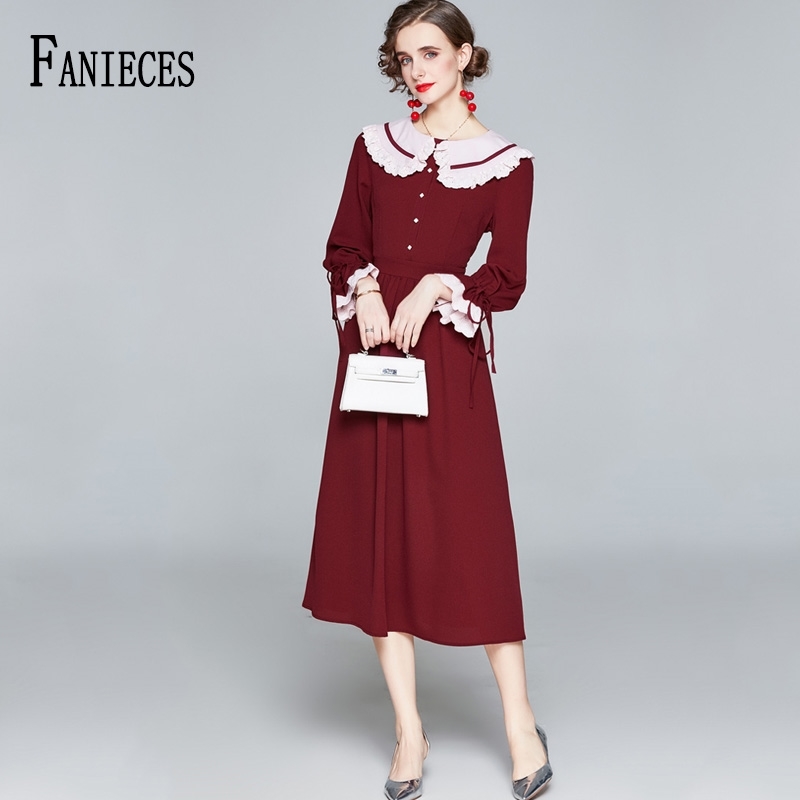 

Fashion Dress Women Spring Autumn Floral Print Long Sleeve Party Female Vintage O-neck Flower Midi es 210520, Burgundy