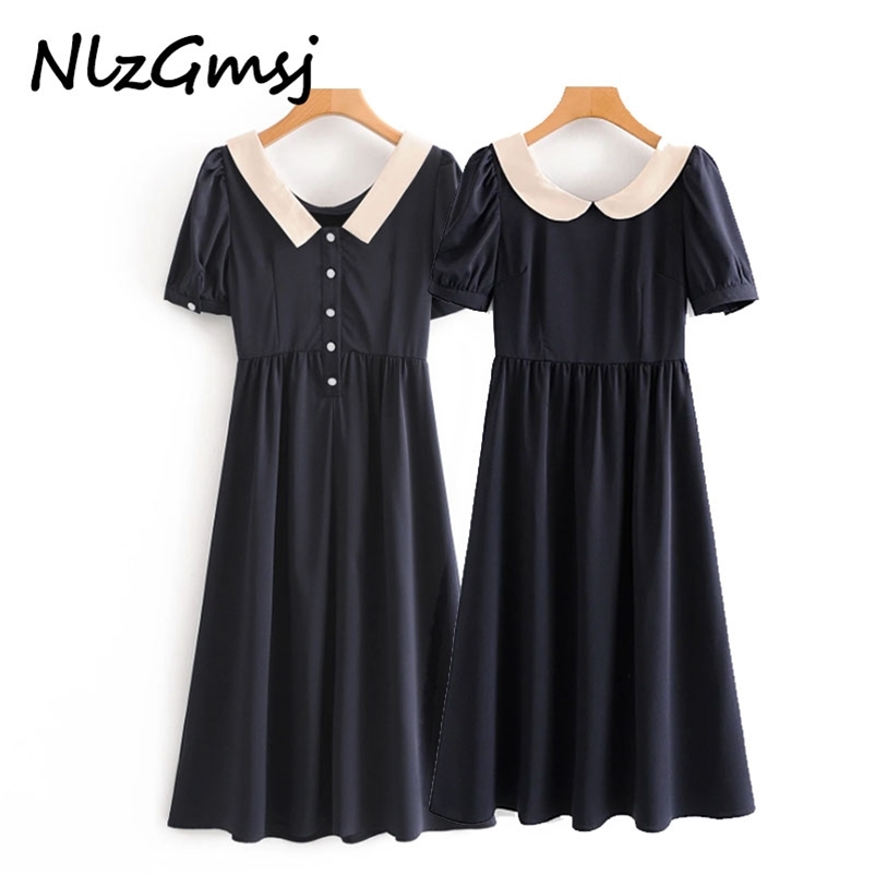 

fashion women solid vintage pleated dress short sleeve ladies 70s midi 210628, Blue