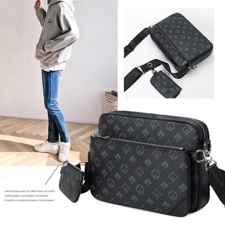 

Printed Design Luxury Men's Bag European American Fashion Men Shoulder High Quality and Large Capacity leather Messenger Bags, Black