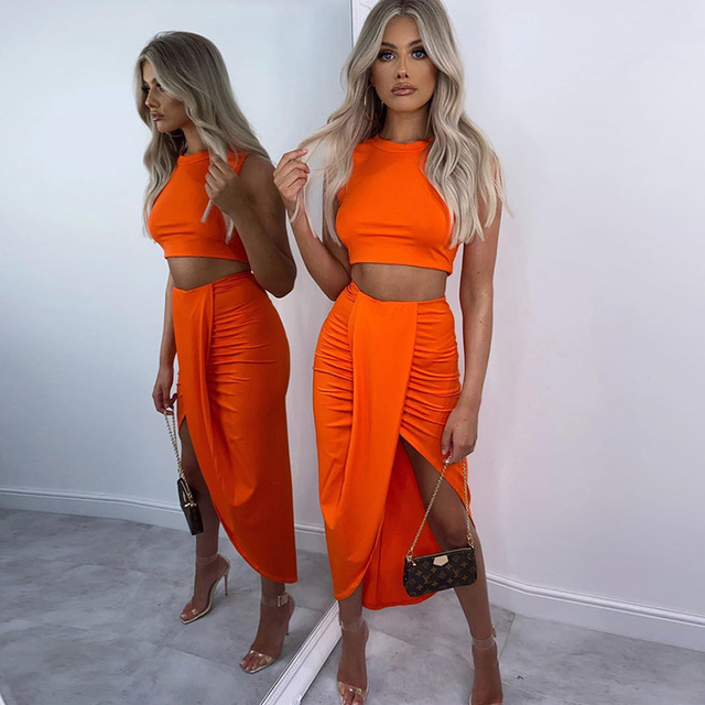 

Sexy Two Piece Set Women Summer Crop Top Split Midi Skirts 2 Piece Set Party Cub Wear Lavender Two Piece Outfits, Black;gray