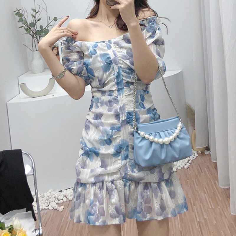 

Elegant Short Dress Women Summer Flower Print Sexy V-Neck Puff Sleeve Beach Casual Ruffles Mermaid Mini Dress Female Vestidos 210518, Photo color