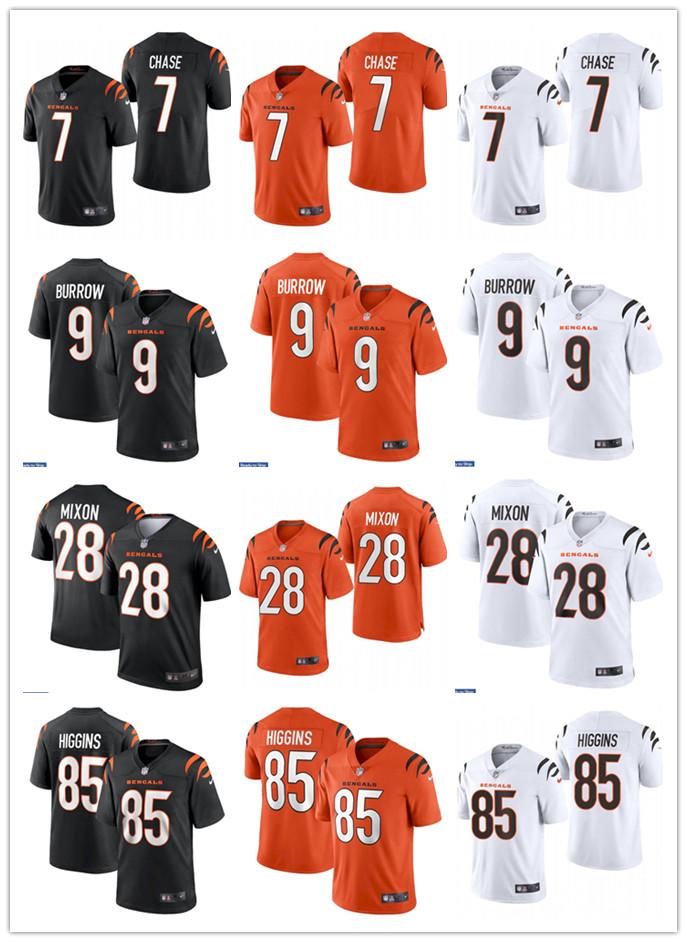 

Mens Womens Youth Cincinnati Bengals 9 Joe Burrow 7 Ja'Marr Chase 28 Joe Mixon 85 Tee Higgins orange Custom Football Jersey, Black;red