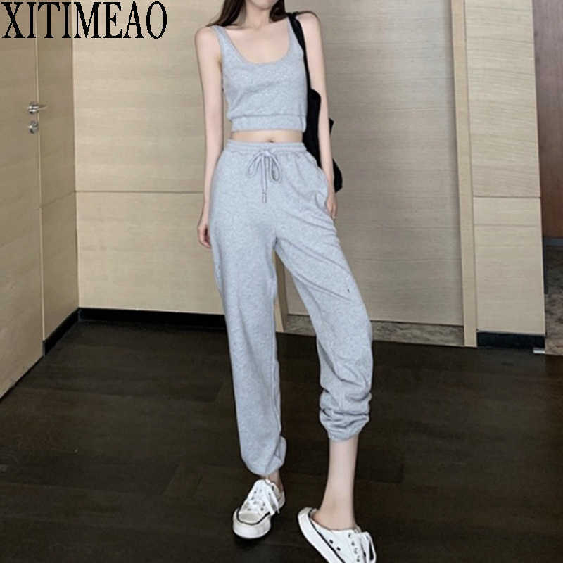 

XITIMEAO Sports Suit Sweatshir Women Short Vest Pure Color High Waist Pants Running 2 Pieces Set Casual 210604