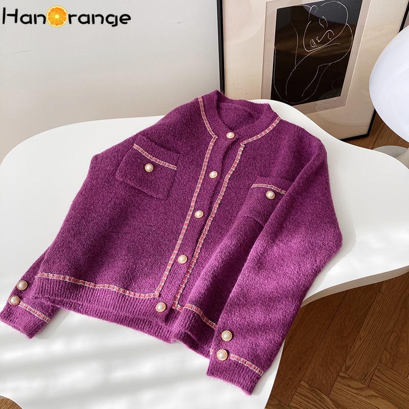 

Women's Jackets HanOrange Sweater Cardigan Women O-neck Jacket 2021 Spring Outwear Knitted Top Vintage Pearl Buckle, Black;brown