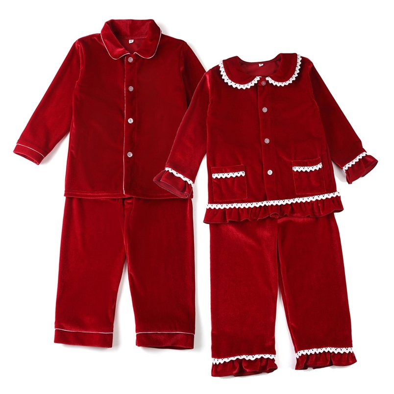 

pyjamas kids wholesale children clothes blank sleepwear cotton pijama christmas ruffle frill toddler girl pajamas set 211109, Gown velvet red