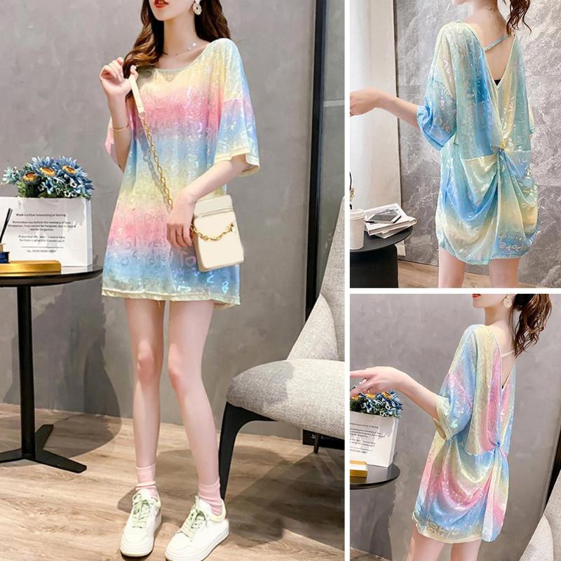 

Women's T-Shirt Women Summer Backless Round Neck Shiny Letters Print Short Sleeve Loose, Blue