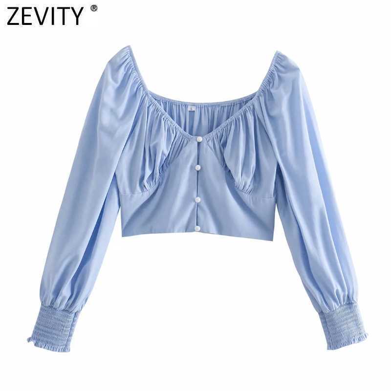 

Zevity French Style Women V Neck Solid Color Short Shirt Femme Puff Sleeve Hem Elastic Pleated Slim Blouse Chic Crop Tops LS9347 210603, As pic ls9347she