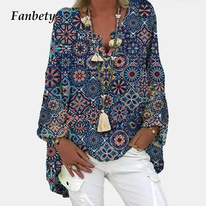 

Elegant V-Neck Linen Cotton Women Blouse Shirts 2020 Autumn Floral Print Plus Size Tops Female Vintage Casual Long Sleeves Blusa, White
