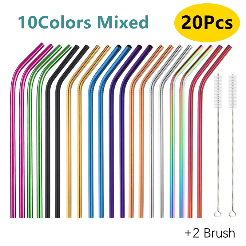 

20pcs Stainless Steel Metal Straight Drinking Straws with Cleaner Brush Reusable Straw Party Bar Accessories Brus
