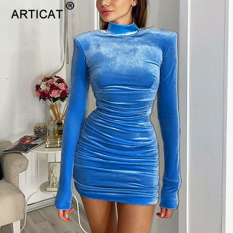 

velvet turtleneck ruched dress for women solid long sleeve bodycon dresses ladies 2021 winter slim warm vestidoshigh quality, Black;gray
