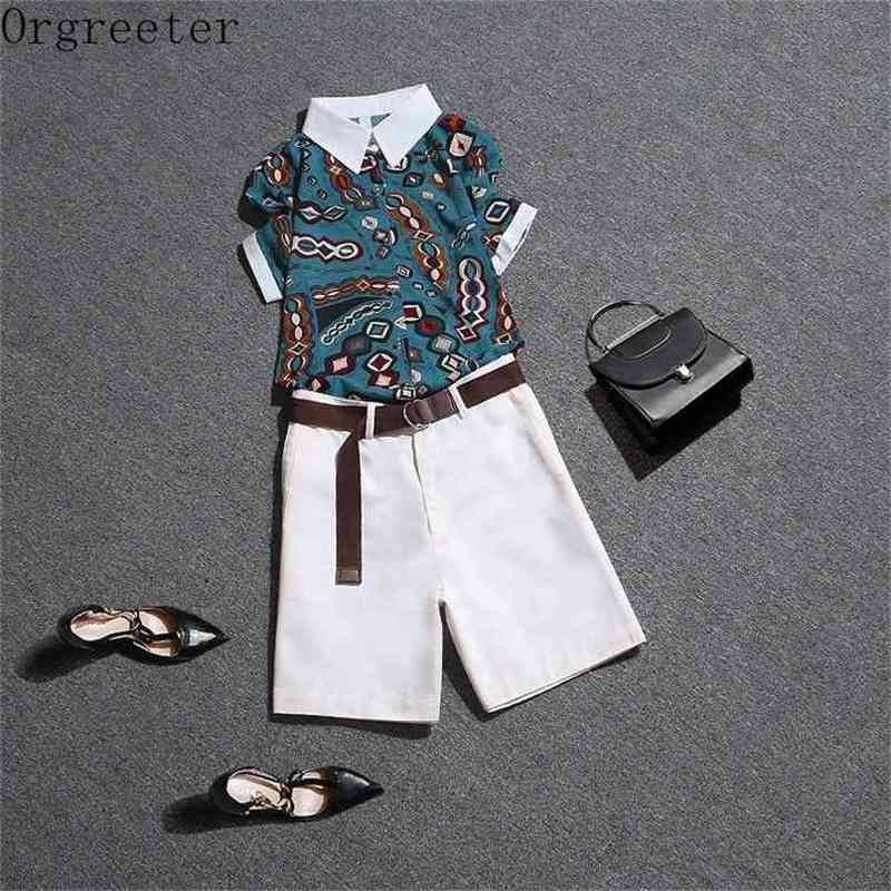 

Retro Color matching Lapel Printed Shirt Women's 2 Piece set Summer Graceful Lady Casual Chiffon Tops With Wide leg Pants Suits 210602, Blue shirt