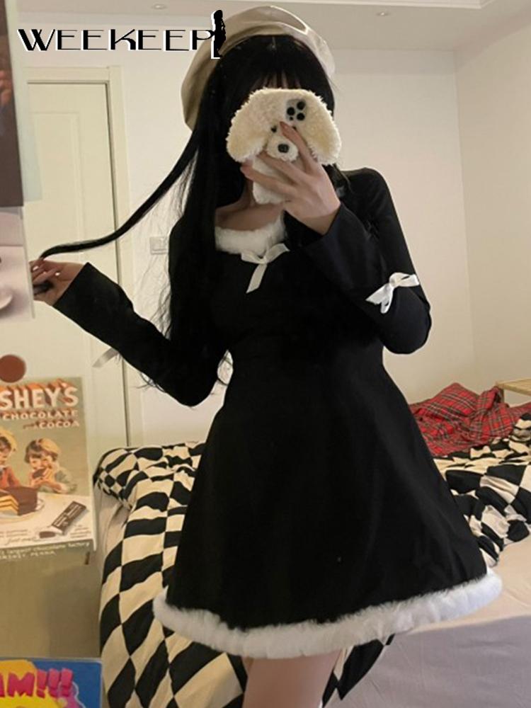 

Casual Dresses Weekeep Autumn Furry Black Dress Women Long Sleeve Bow Patchwork Loose Y2k Korean Fashion Streetwear Knit Ladies Clothes