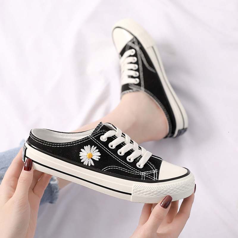 

Dress Shoes Women Sandals Summer Flats Half Slippers Canvas Lace up Fashion Sneakers Woman Size -40 XFJB, Black