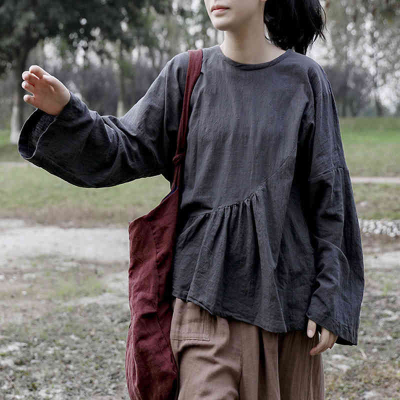 

Johnature Women Vintage Cotton Linen T-Shirts Patchwork Fold Spring Solid Color Irregular Women Clothes Loose T-Shirts 210521, Black gray